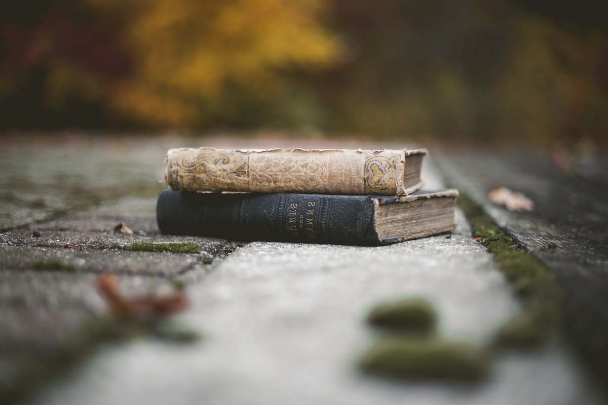 book two brown and black books on gray concrete floor during daytime chesterton